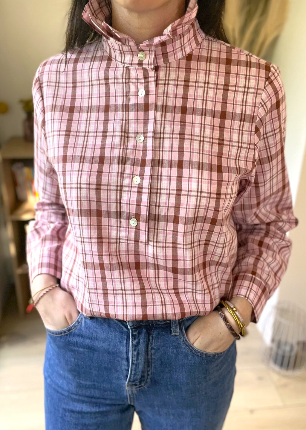 Blouse à carreaux rose col montant SOLENN - Neuf