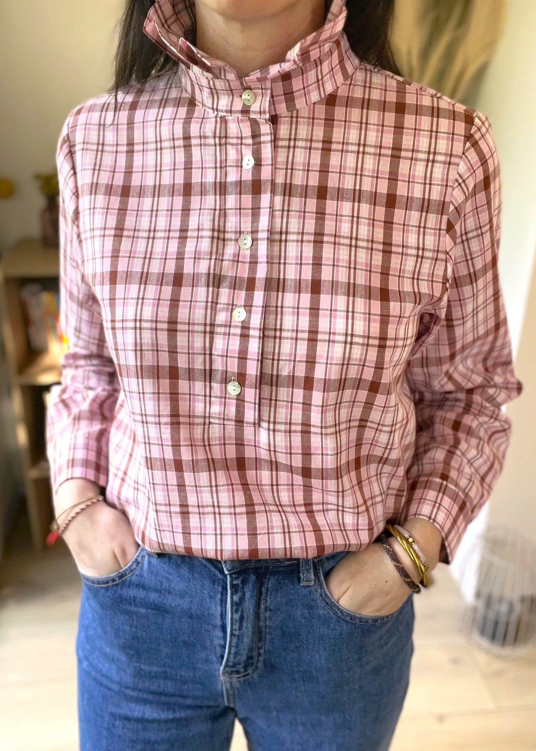 Blouse à carreaux rose col montant SOLENN - Neuf