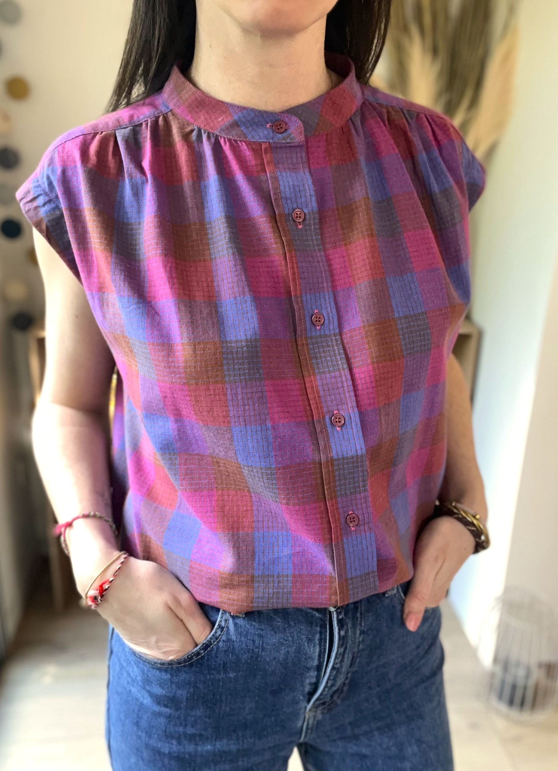 Blouse femme à carreaux fuchsia col mao – SEE U SOON – Neuve