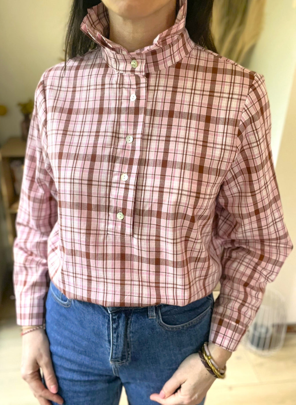 Blouse à carreaux rose col montant SOLENN - Neuf