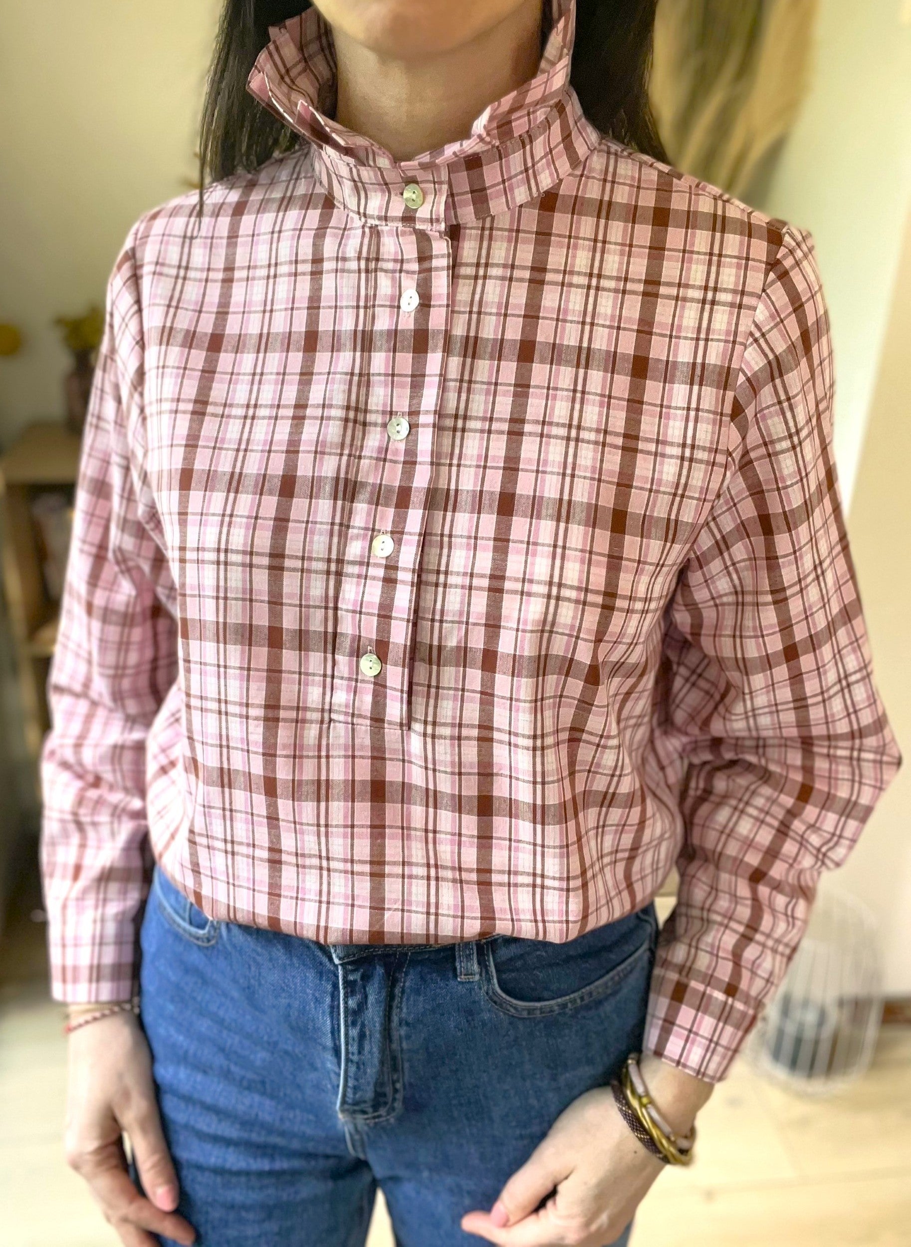 Blouse à carreaux rose col montant SOLENN - Neuf