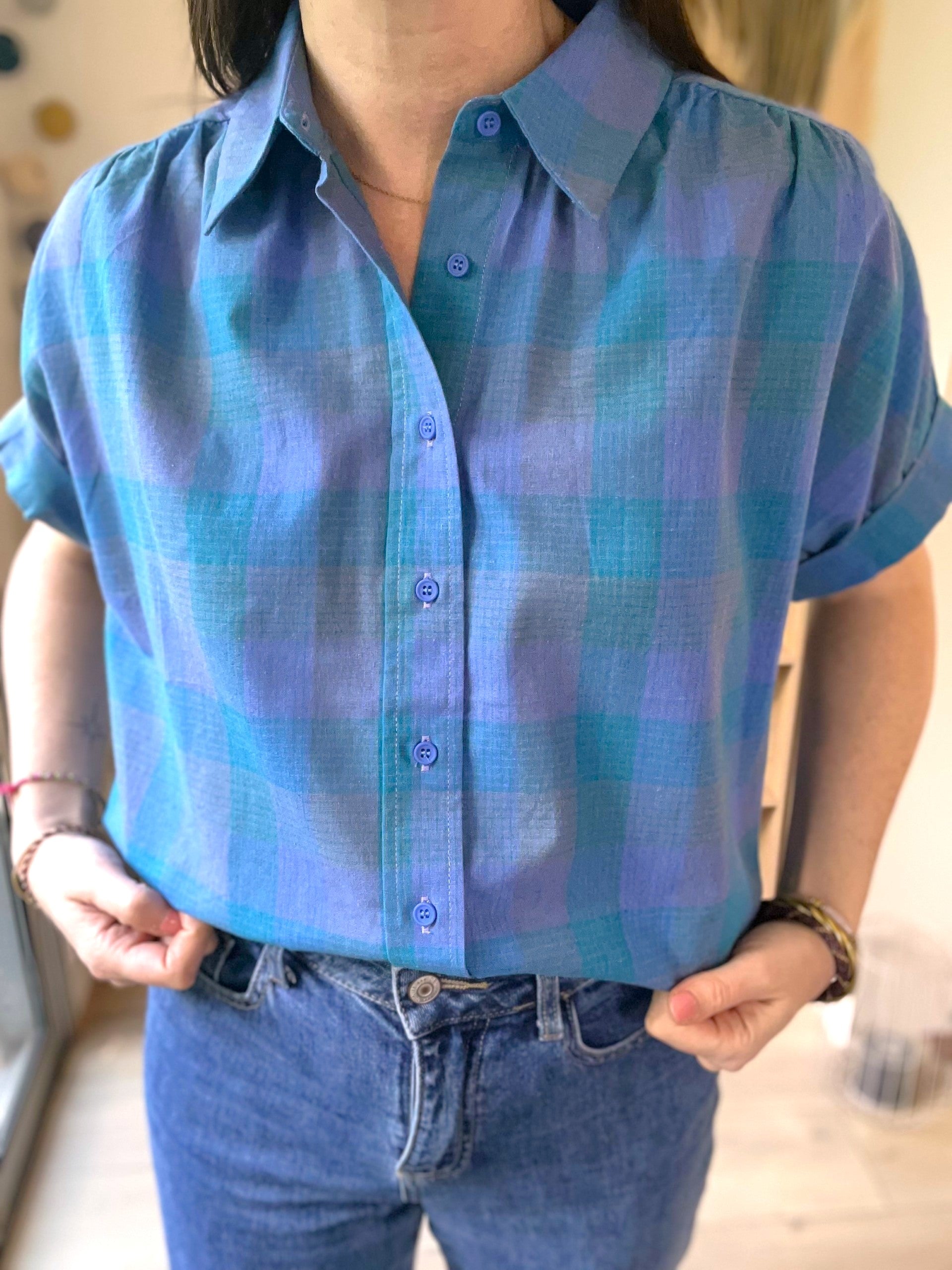 Blouse à carreaux turquoise SEE U SOON - Neuve