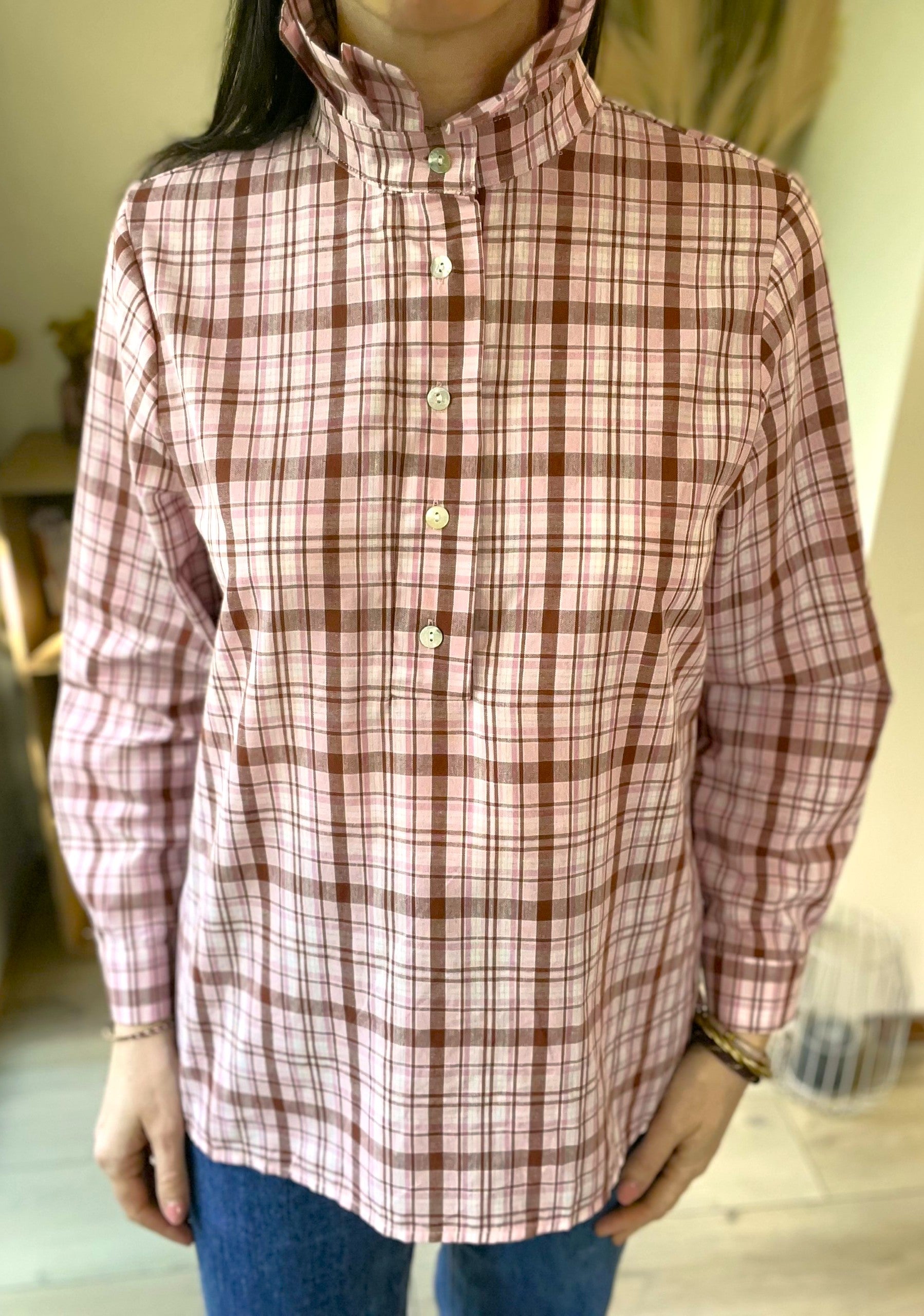 Blouse à carreaux rose col montant SOLENN - Neuf