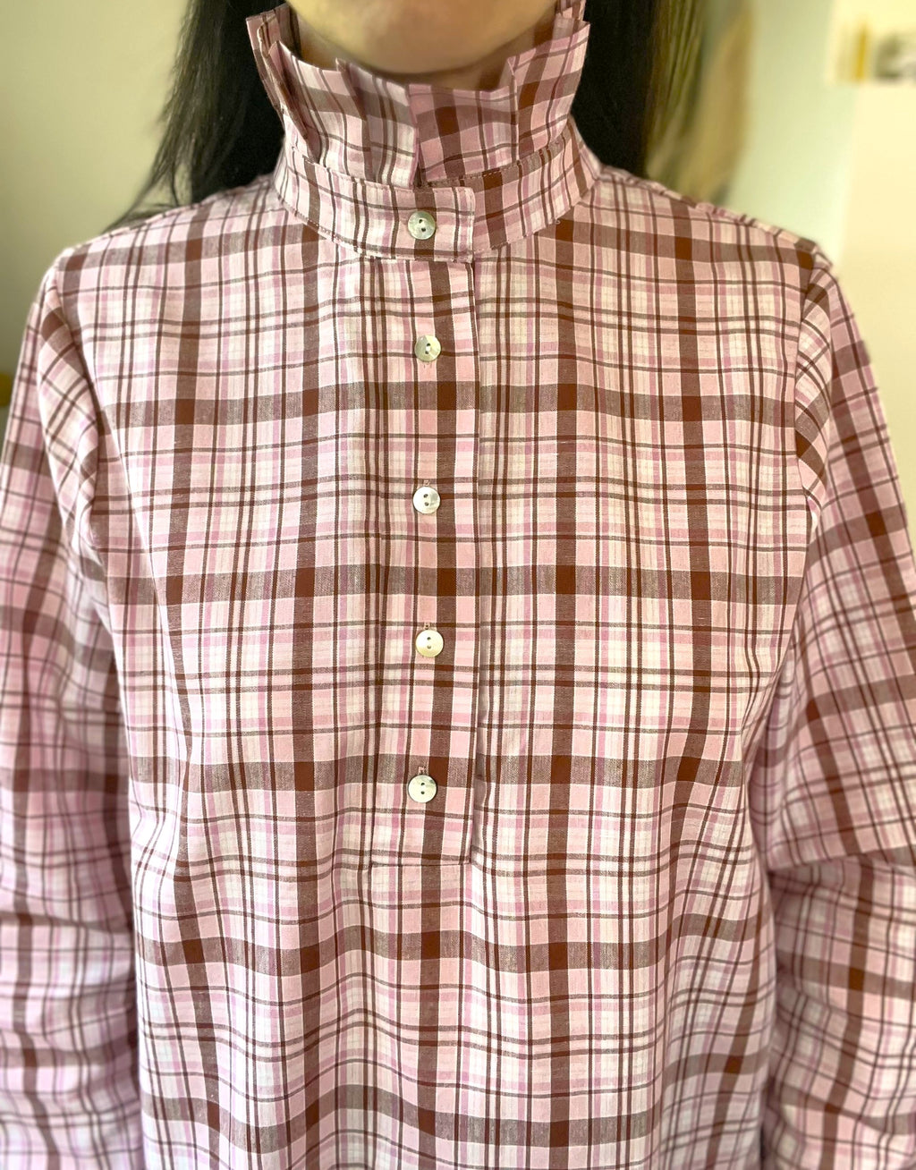 Blouse à carreaux rose col montant SOLENN - Neuf