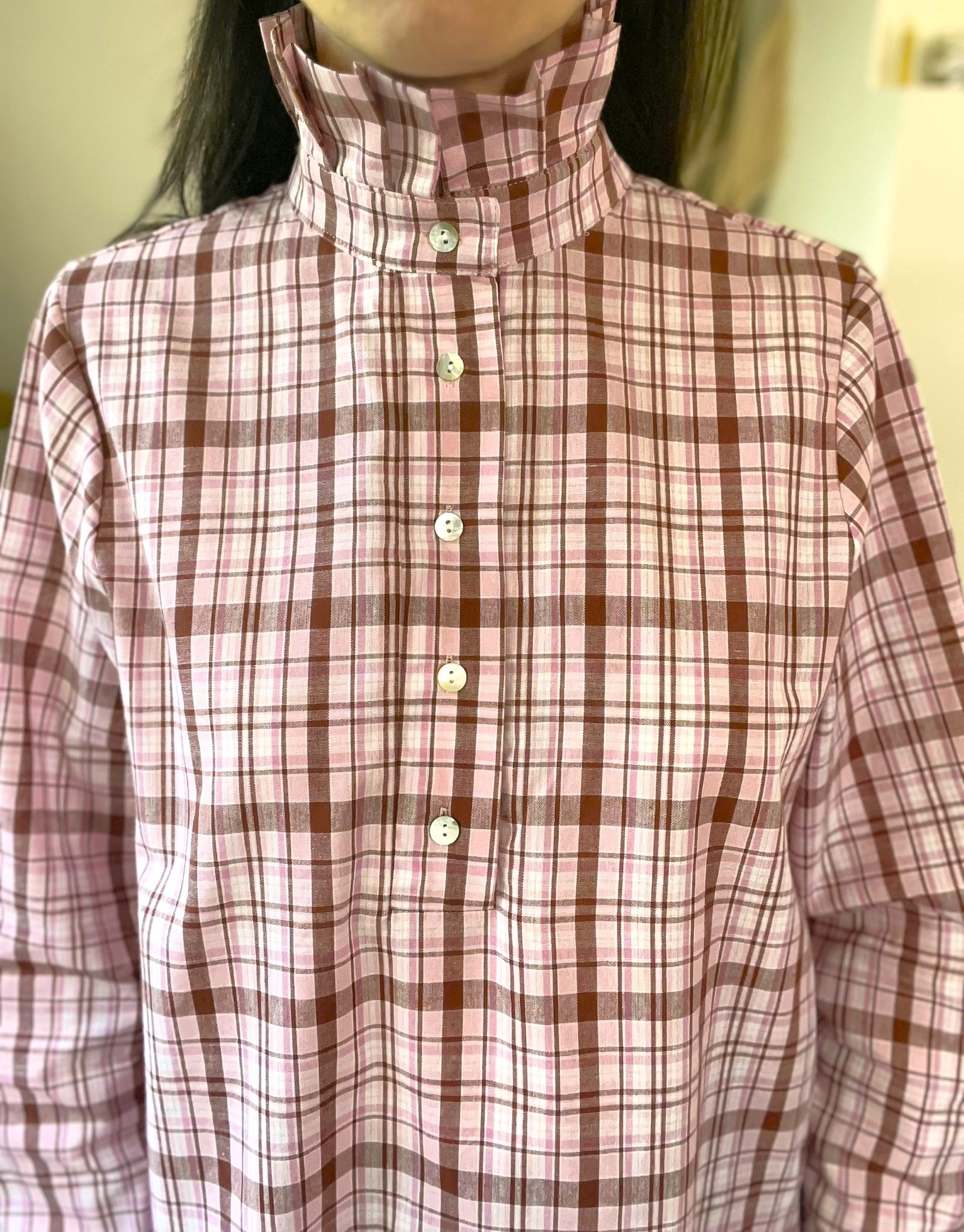 Blouse à carreaux rose col montant SOLENN - Neuf