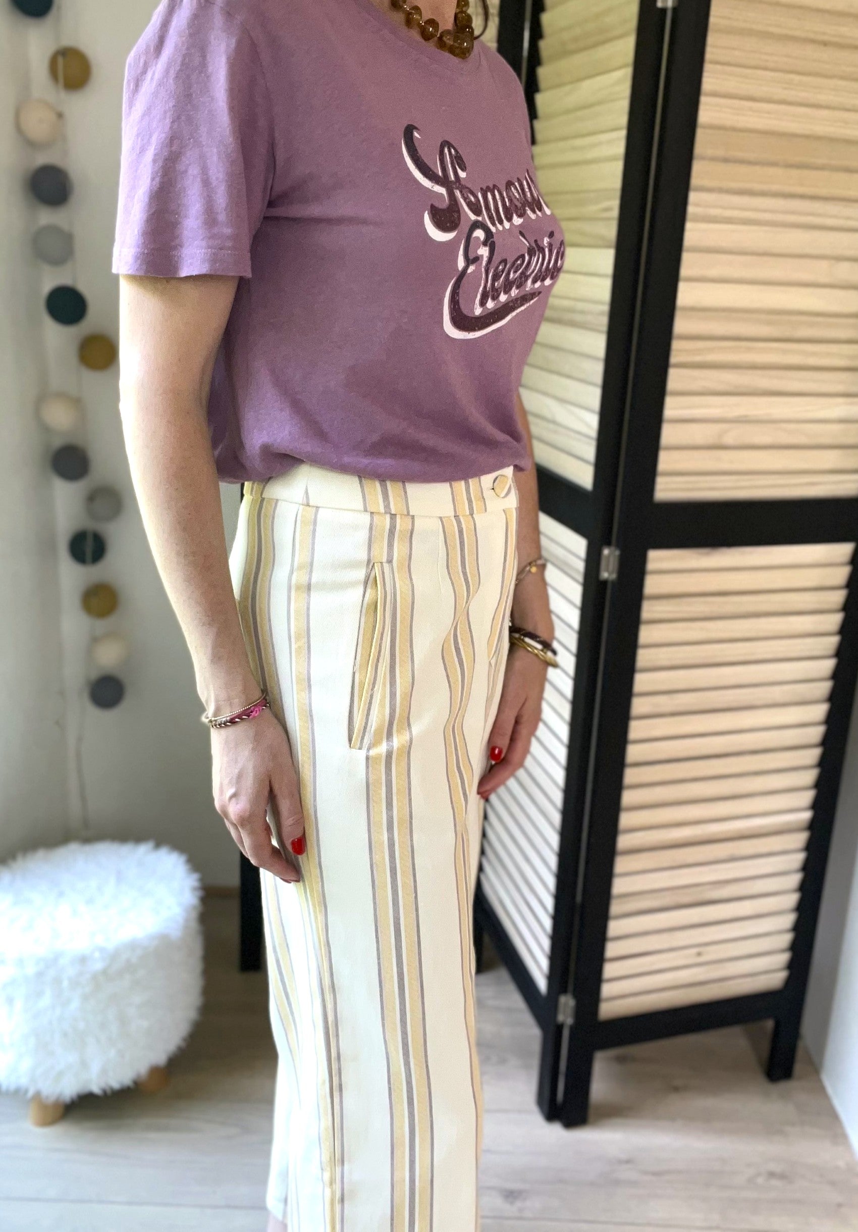 Pantalon droit rayé écru et jaune Pablo - Neuf
