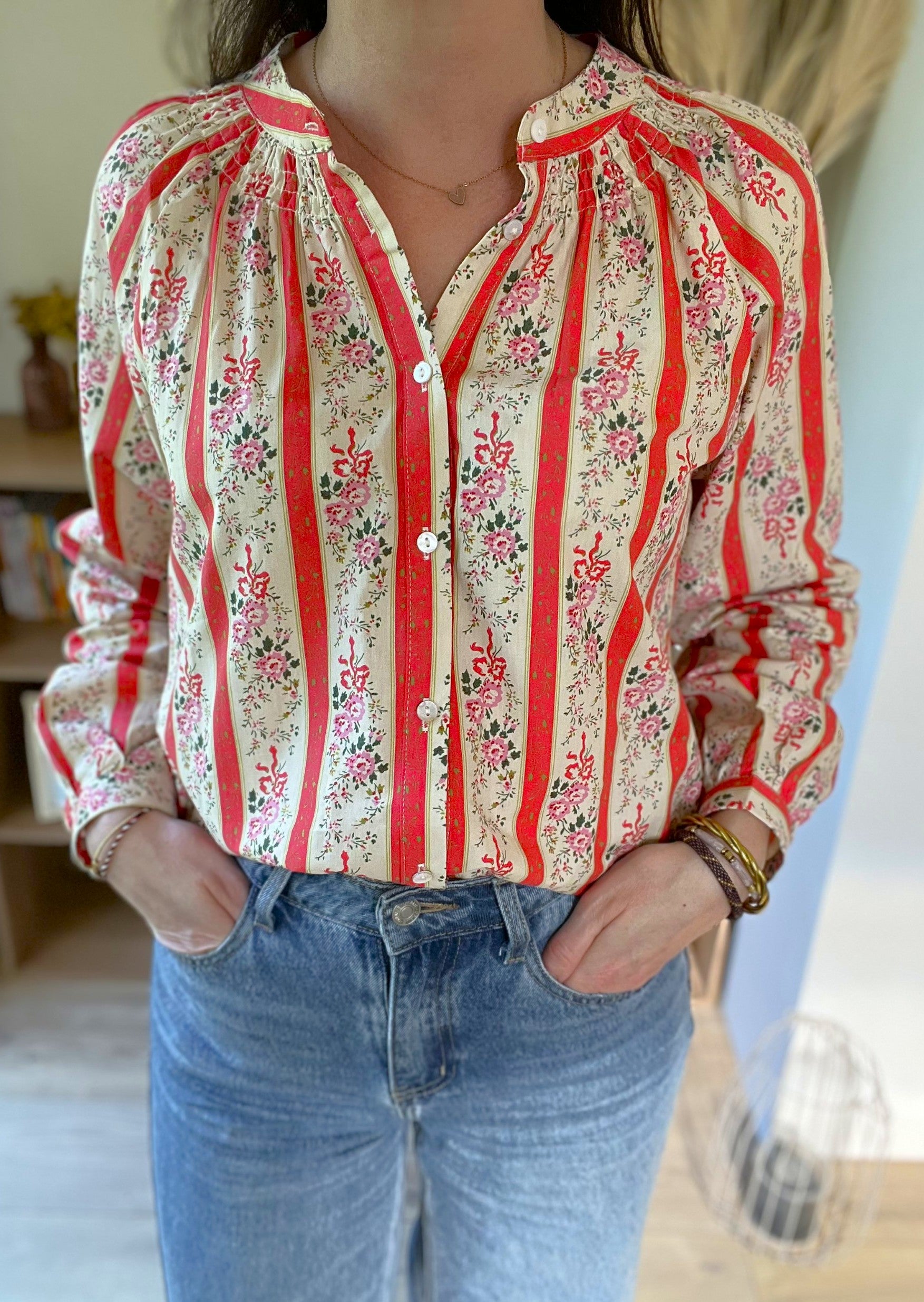 Blouse rayée et fleurie corail Lola - Neuve