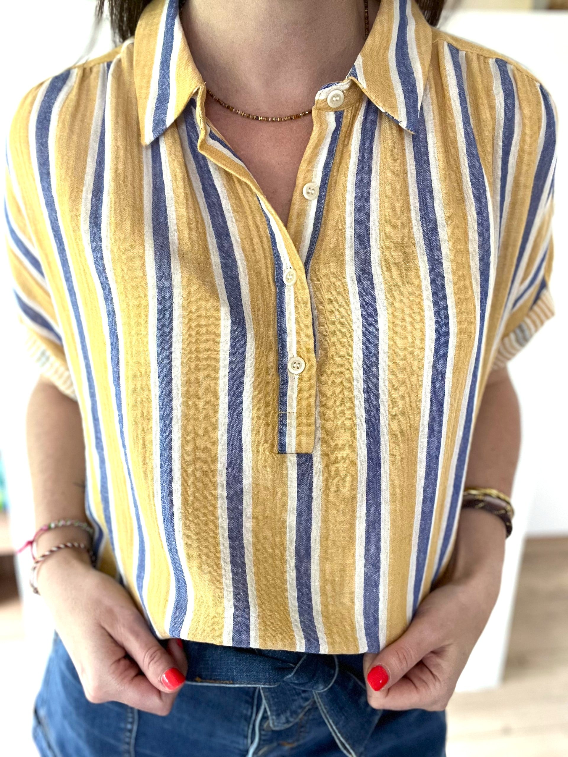 Top en gaze de coton rayé jaune et bleu col chemise THE KORNER - Neuf