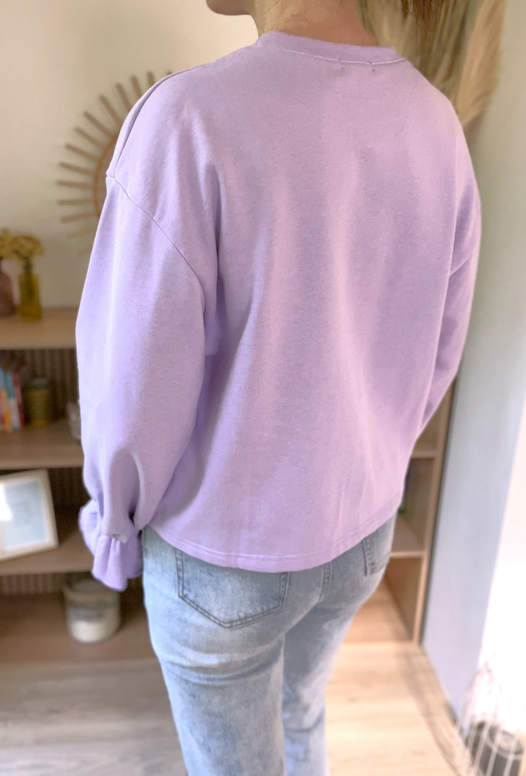 Sweat femme lilas manches longues à poignets volantés Violette – Neuf
