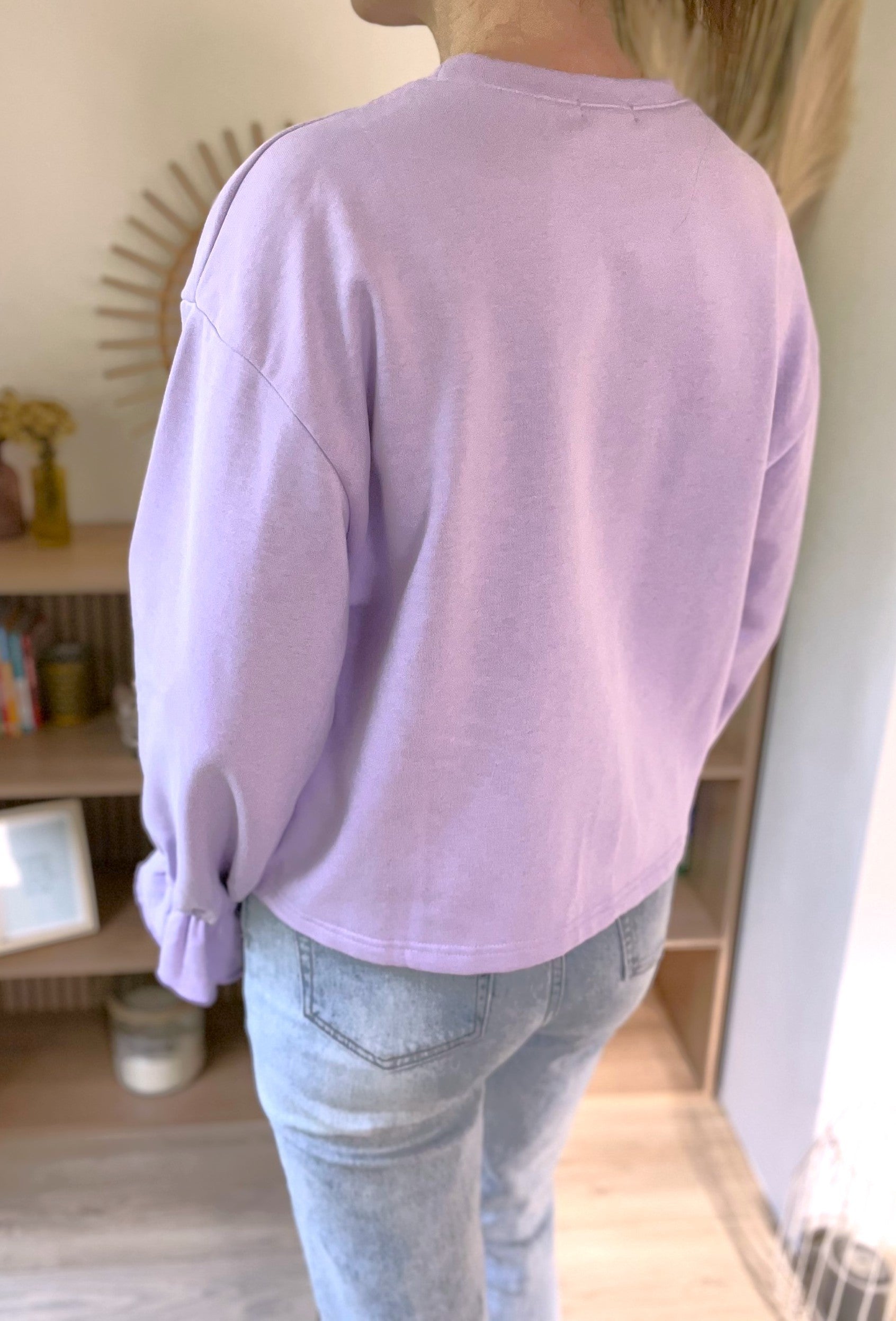 Sweat femme lilas manches longues à poignets volantés Violette – Neuf