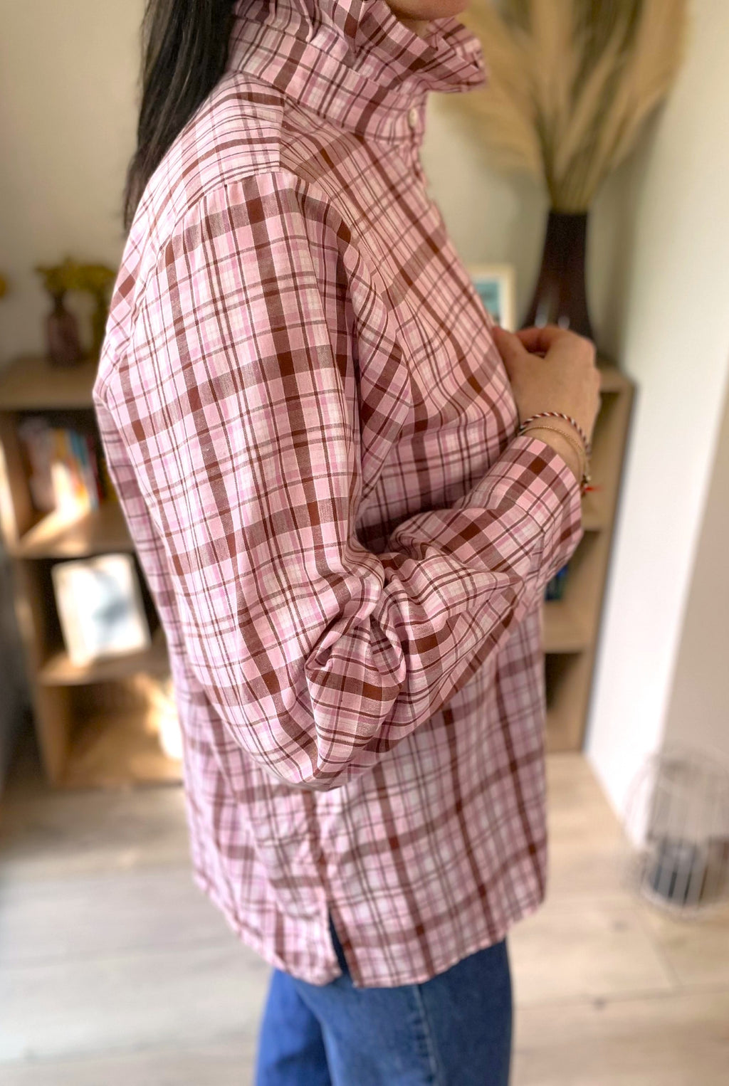 Blouse à carreaux rose col montant SOLENN - Neuf