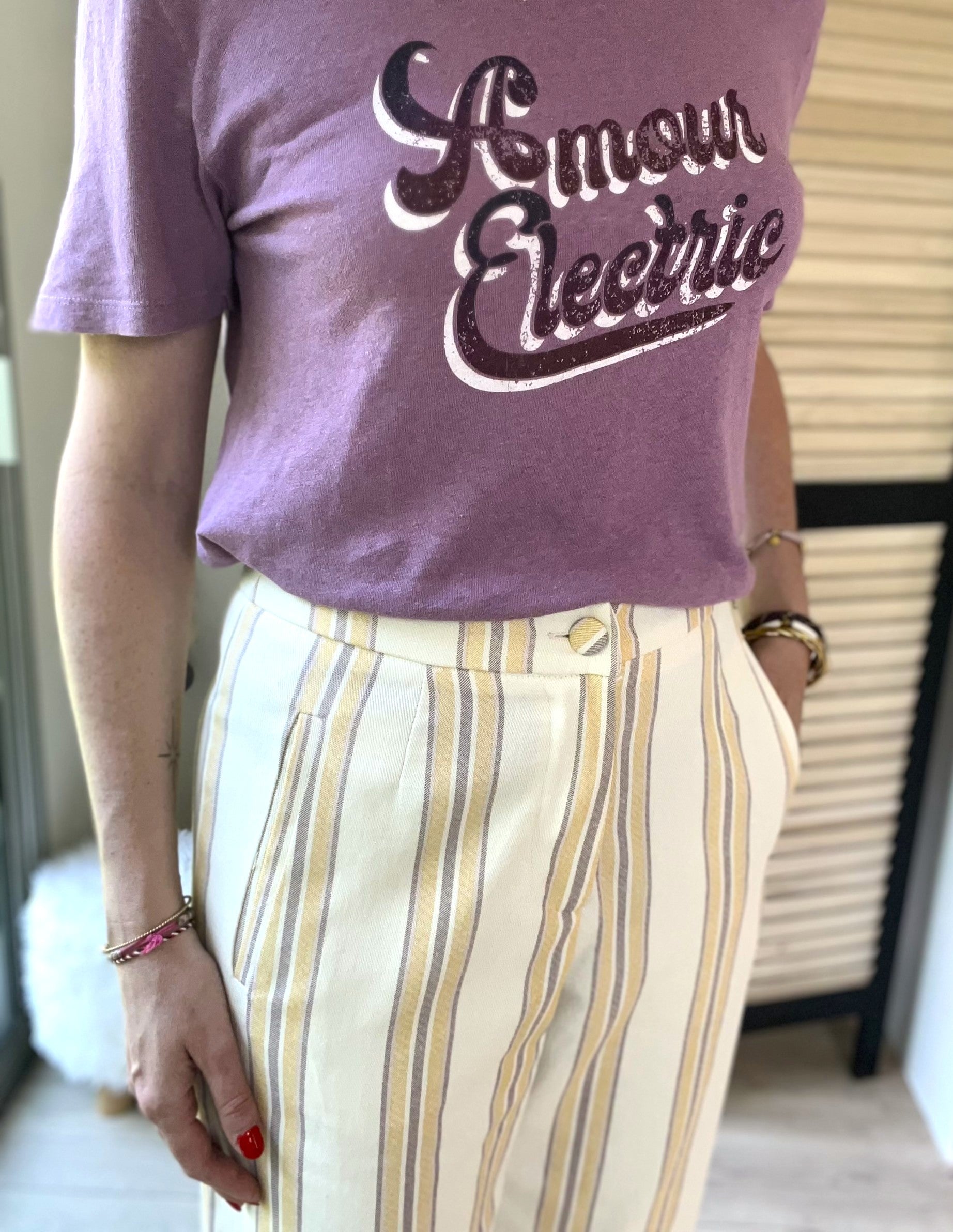 Pantalon droit rayé écru et jaune Pablo - Neuf