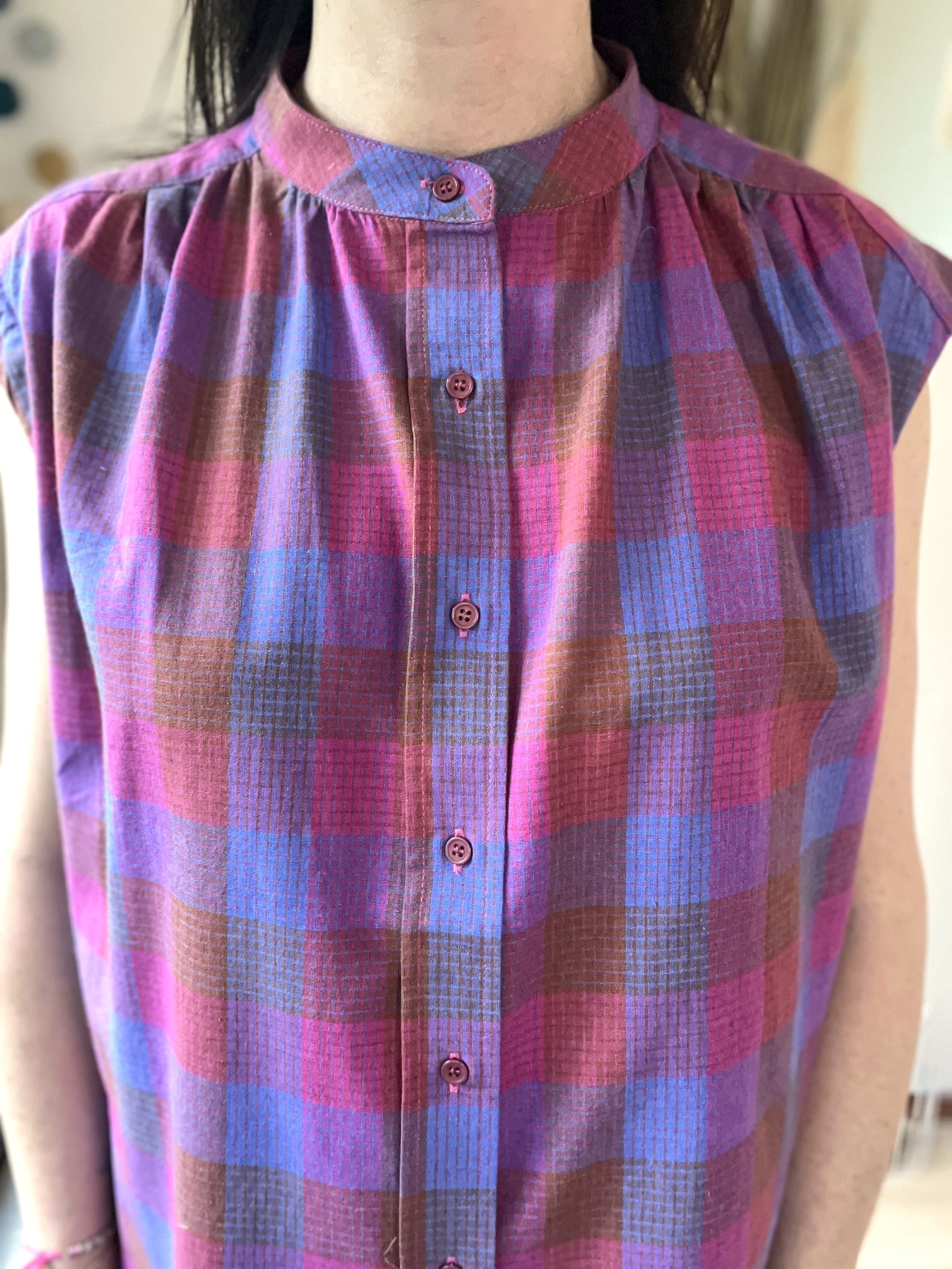 Blouse femme à carreaux fuchsia col mao – SEE U SOON – Neuve