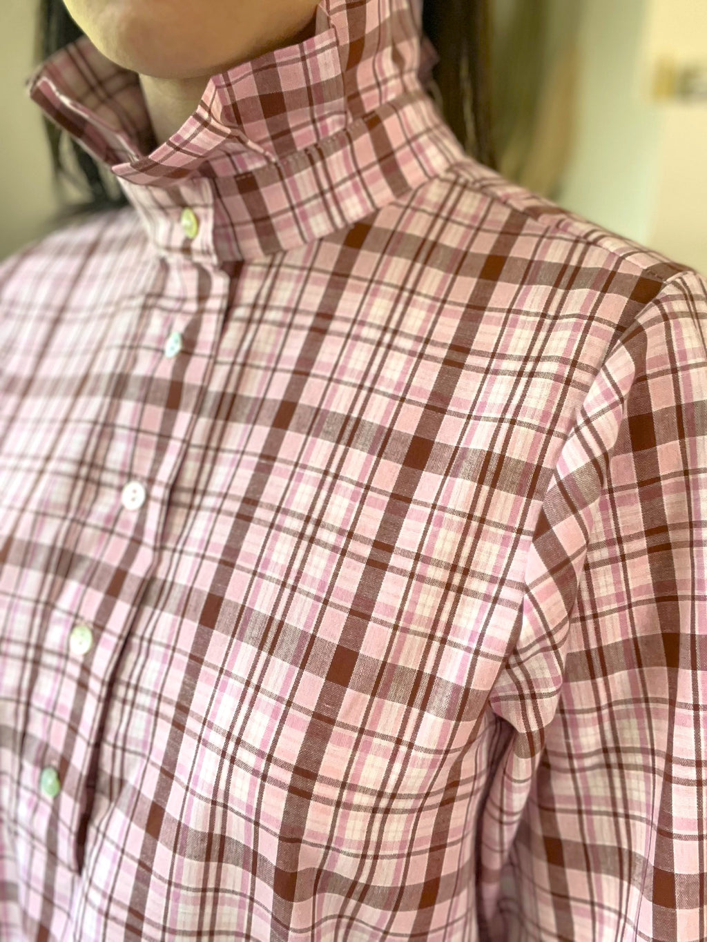 Blouse à carreaux rose col montant SOLENN - Neuf