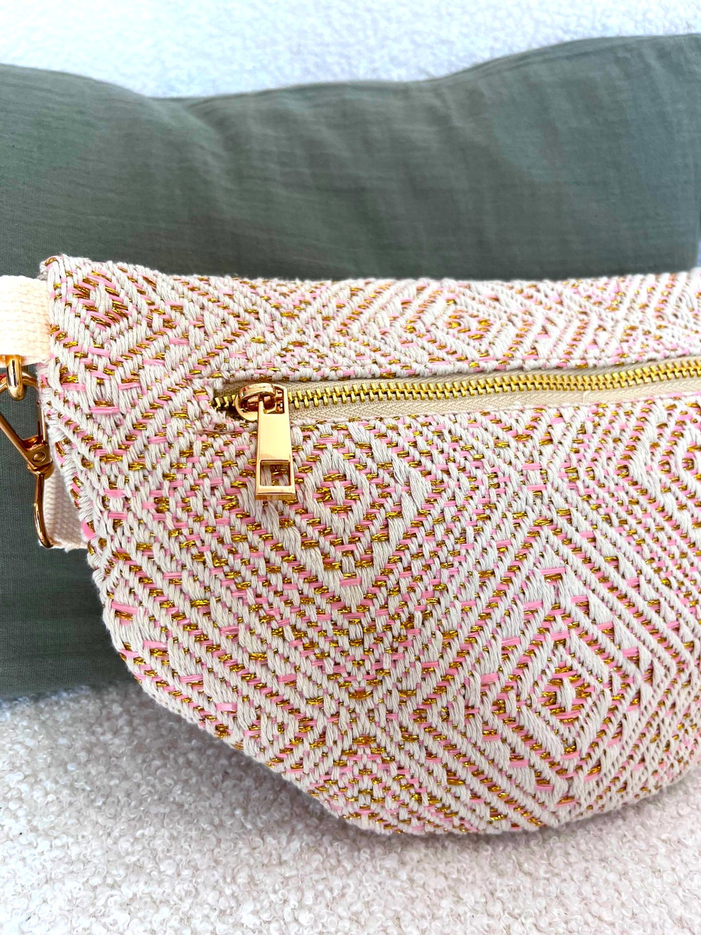 Sac banane en tissu écru, doré et rose - Neuf