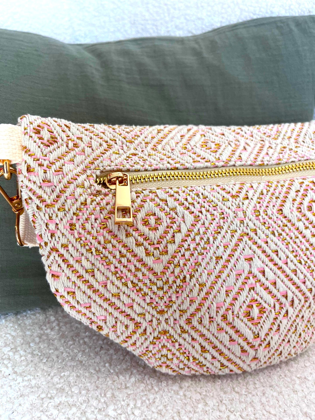 Sac banane en tissu écru, doré et rose - Neuf