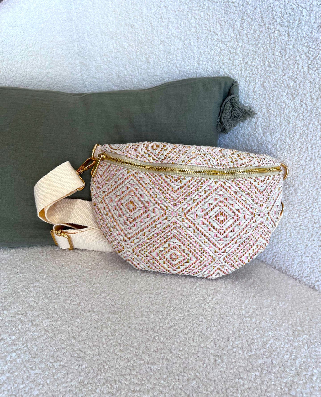 Sac banane en tissu écru, doré et rose - Neuf