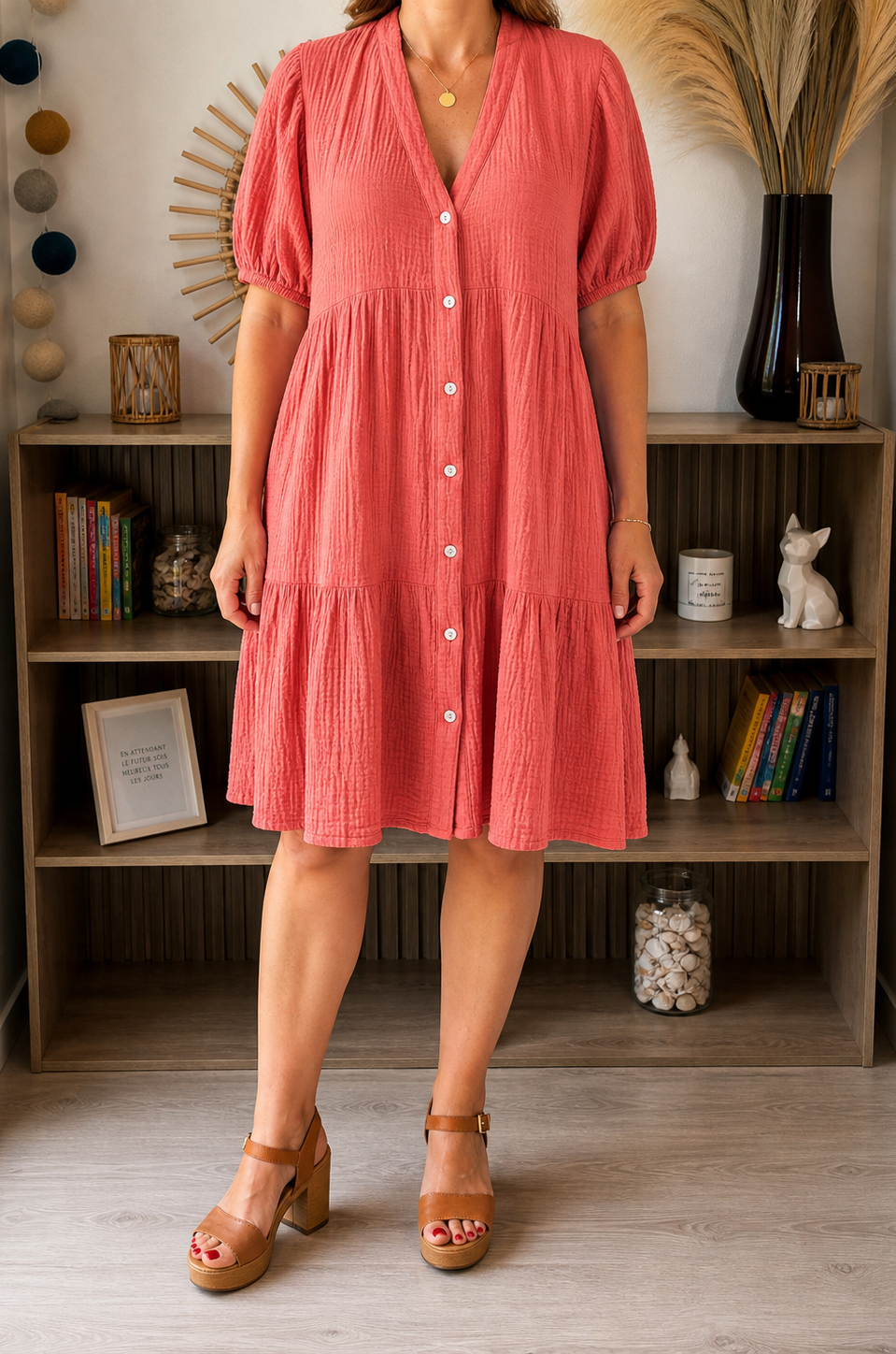 Robe boutonnée gaze de coton corail - taille L - FRNCH - Seconde main
