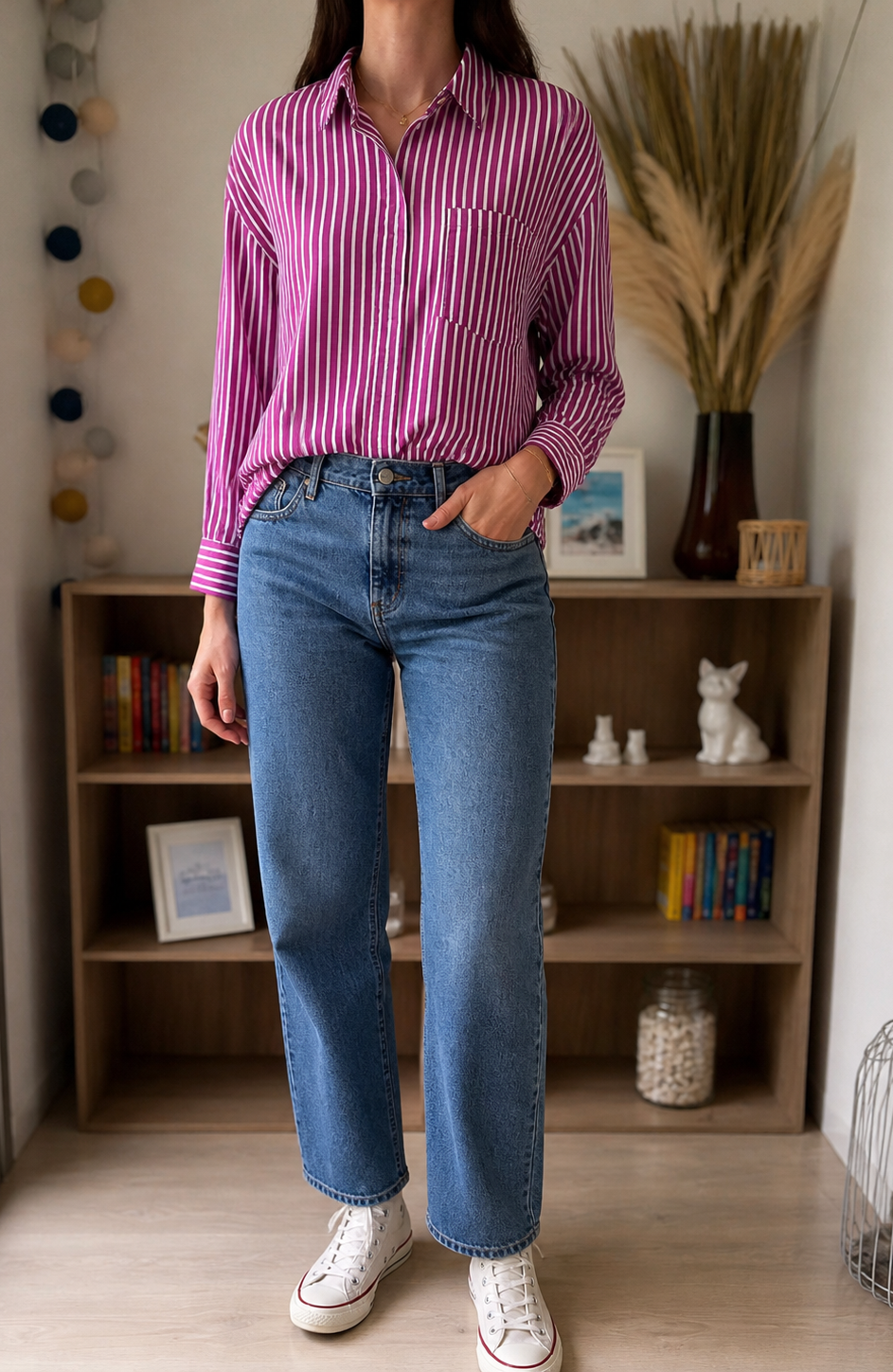 Chemise droite rayée prune et blanc - taille 3 - LA PETITE ETOILE - Seconde main