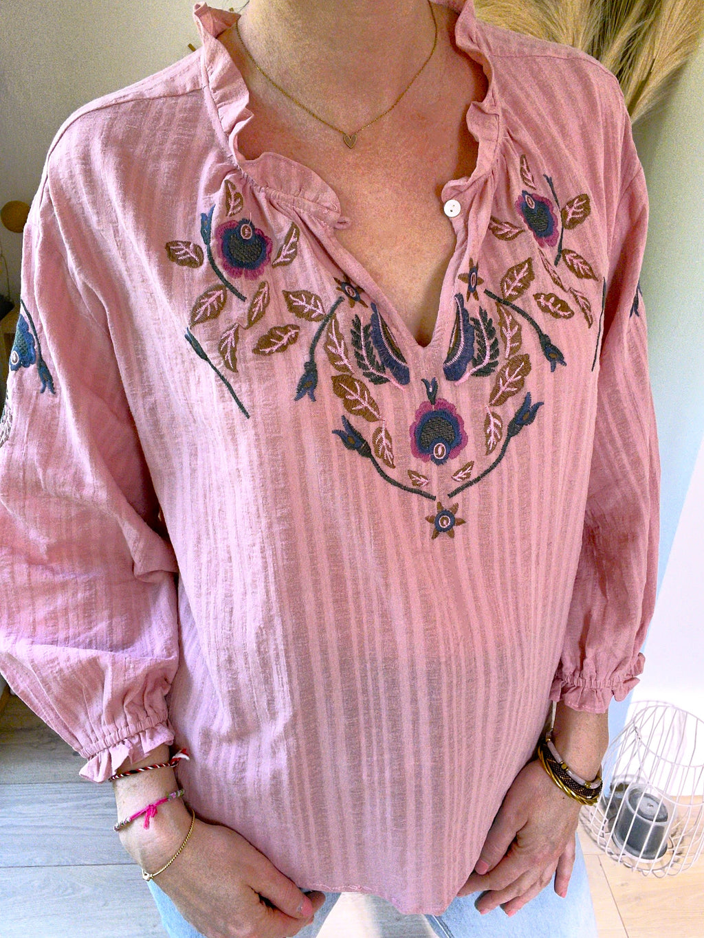 Blouse femme rose brodée bohème chic – col volanté – SEE U SOON – neuve
