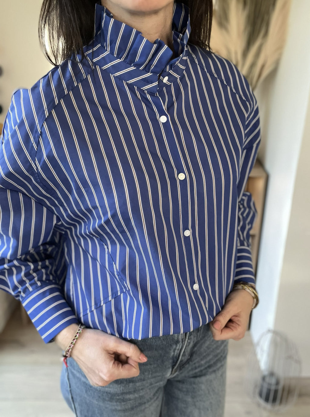 Chemise rayée bleu col victorien Alice - Neuve