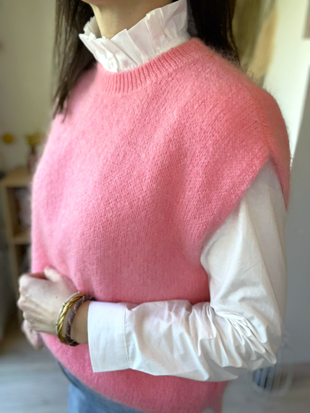 Pull sans manche mohair rose Anne - Neuf