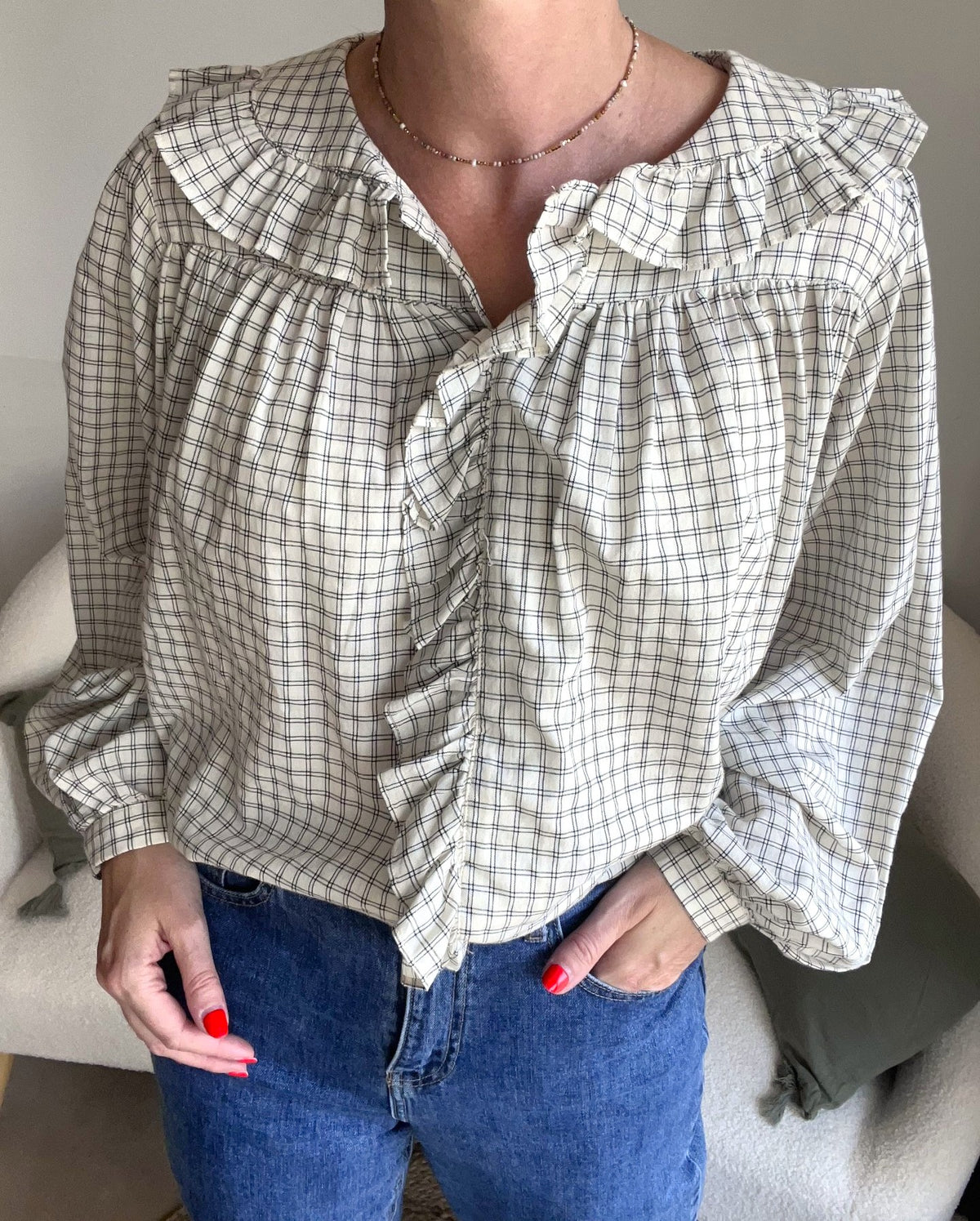 Blouse femme à carreaux et volants FRNCH - Neuve