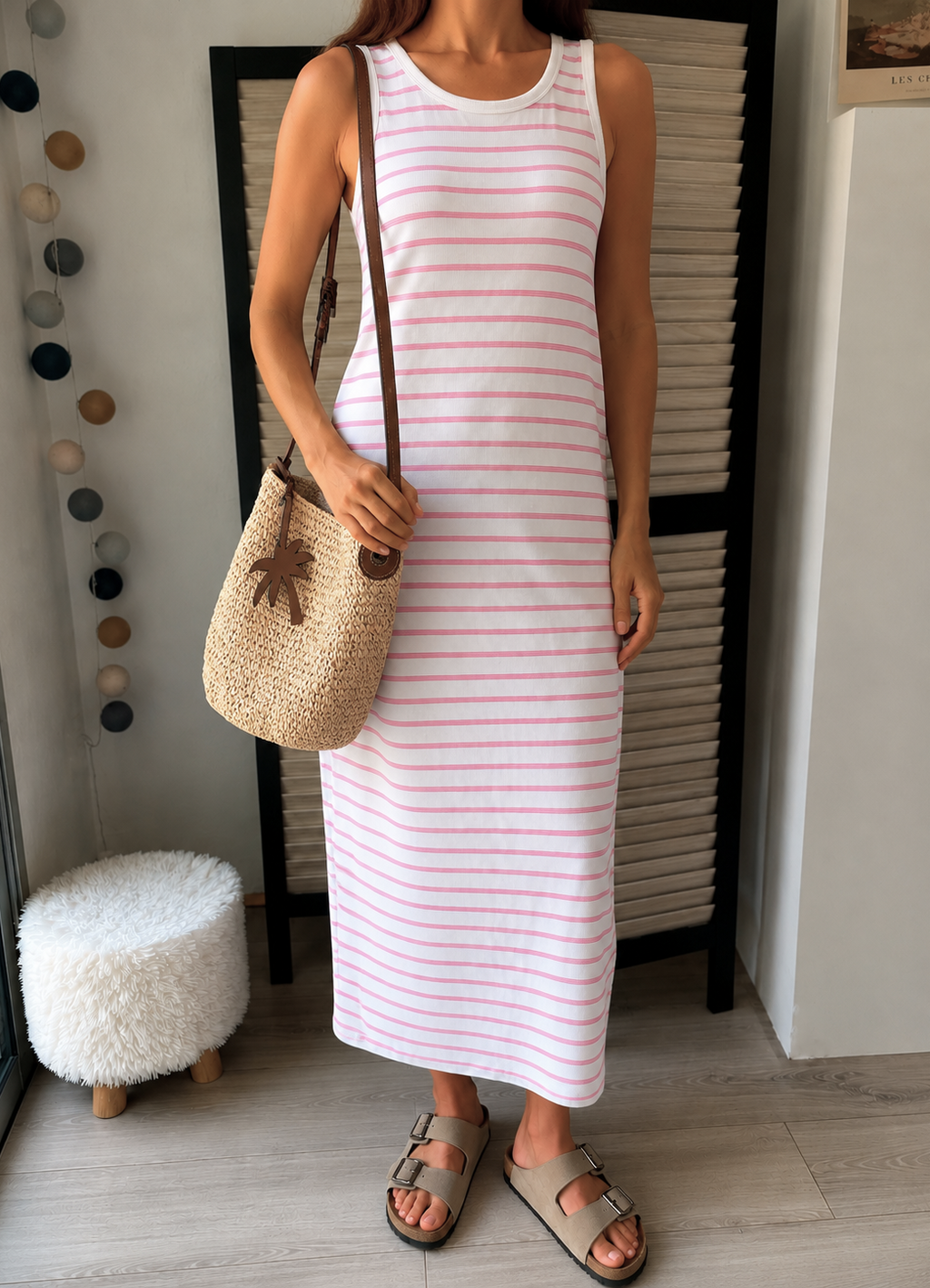 Robe débardeur longue marinière rose - taille M - ICHI - Seconde main