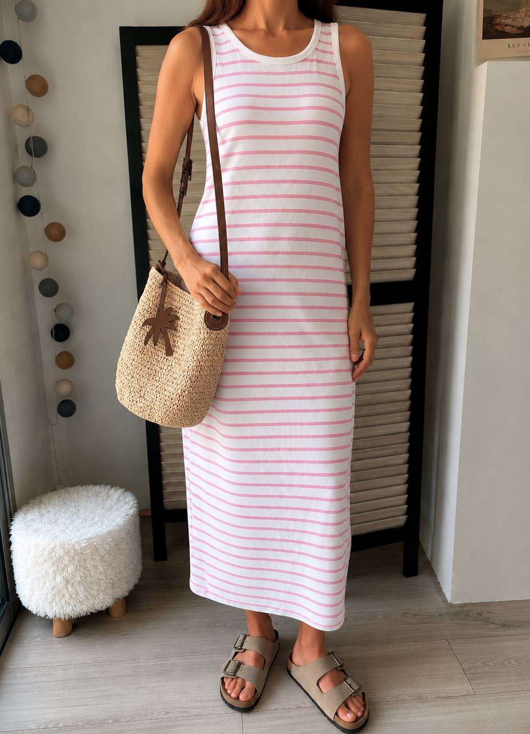 Robe débardeur longue marinière rose - taille M - ICHI - Seconde main