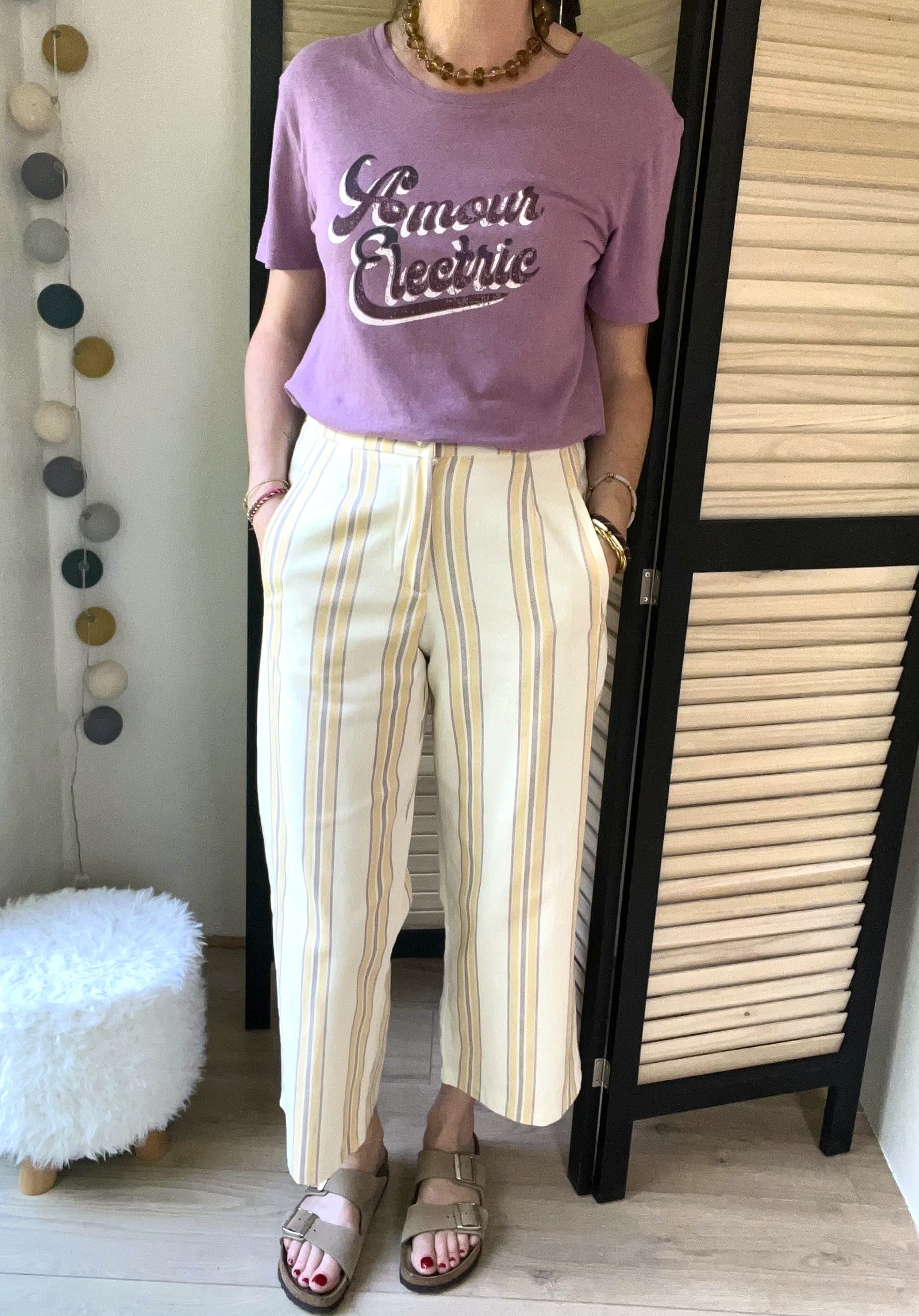 Pantalon droit rayé écru et jaune Pablo - Neuf