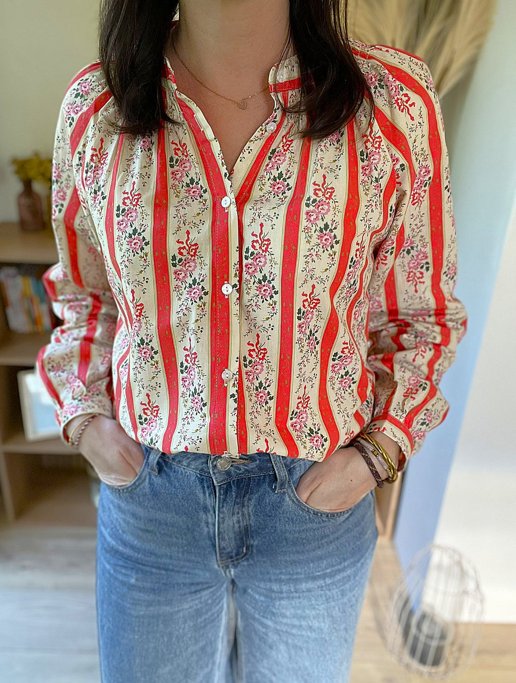 Blouse rayée et fleurie corail Lola - Neuve