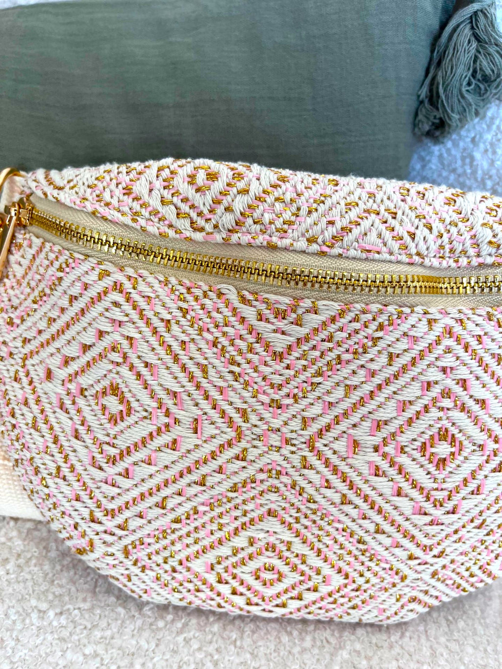 Sac banane en tissu écru, doré et rose - Neuf