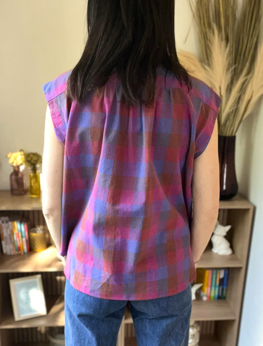 Blouse femme à carreaux fuchsia col mao – SEE U SOON – Neuve