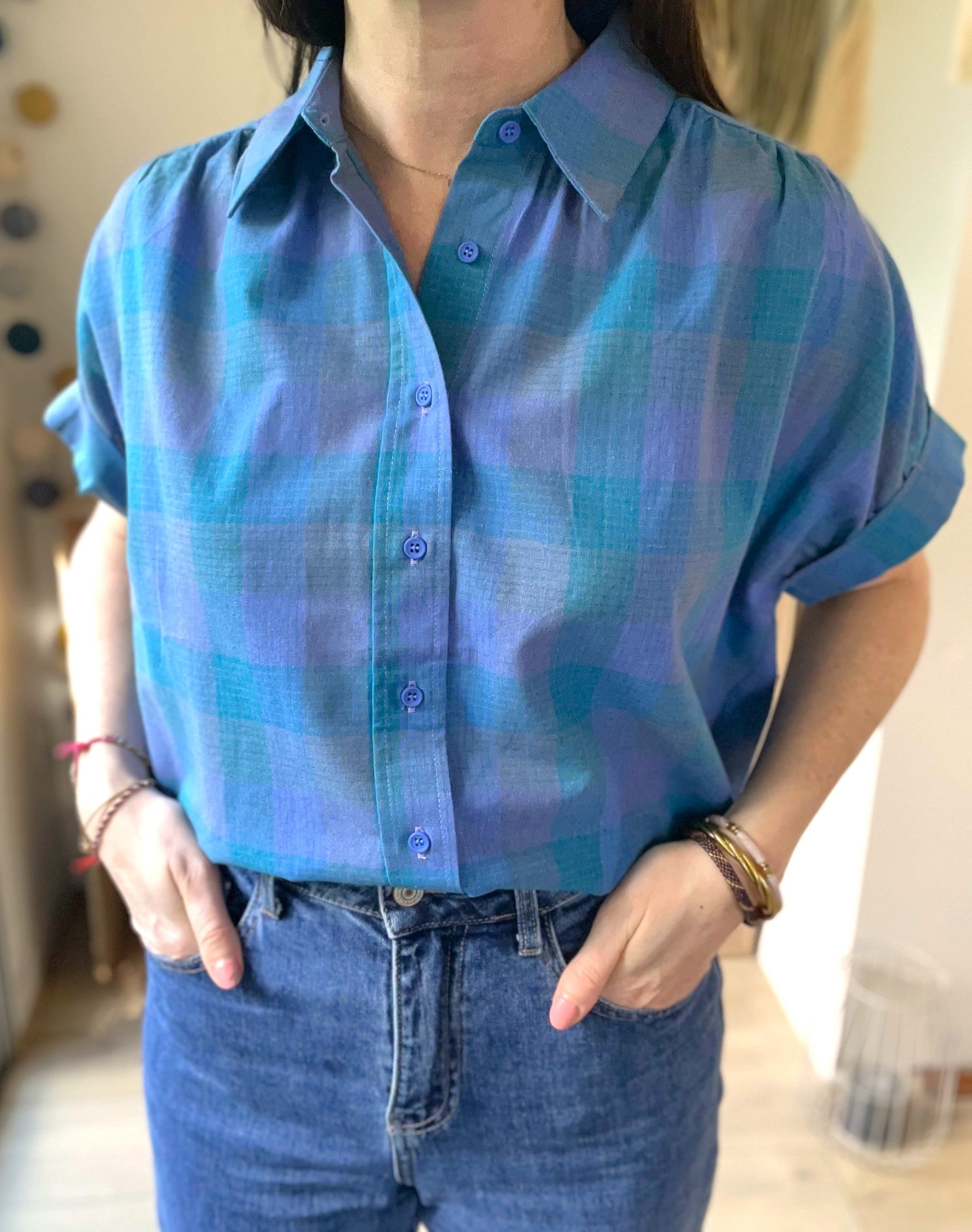 Blouse à carreaux turquoise SEE U SOON - Neuve