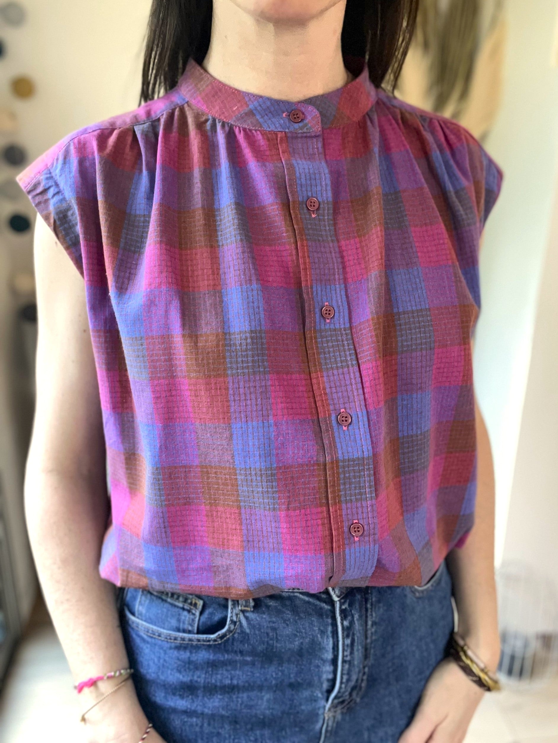 Blouse femme à carreaux fuchsia col mao – SEE U SOON – Neuve