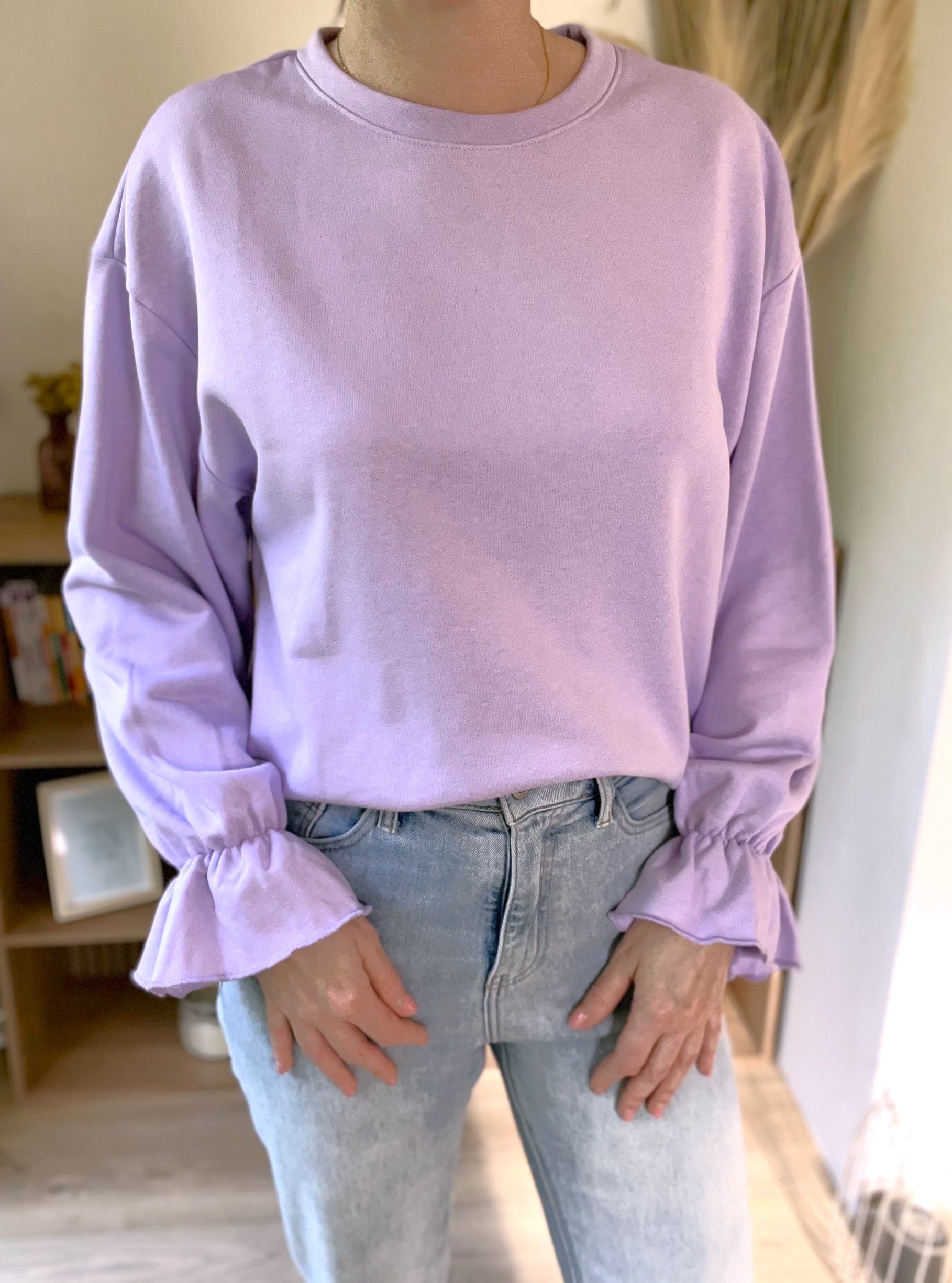 Sweat femme lilas manches longues à poignets volantés Violette – Neuf