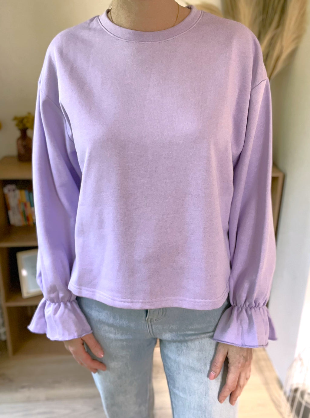 Sweat femme lilas manches longues à poignets volantés Violette – Neuf