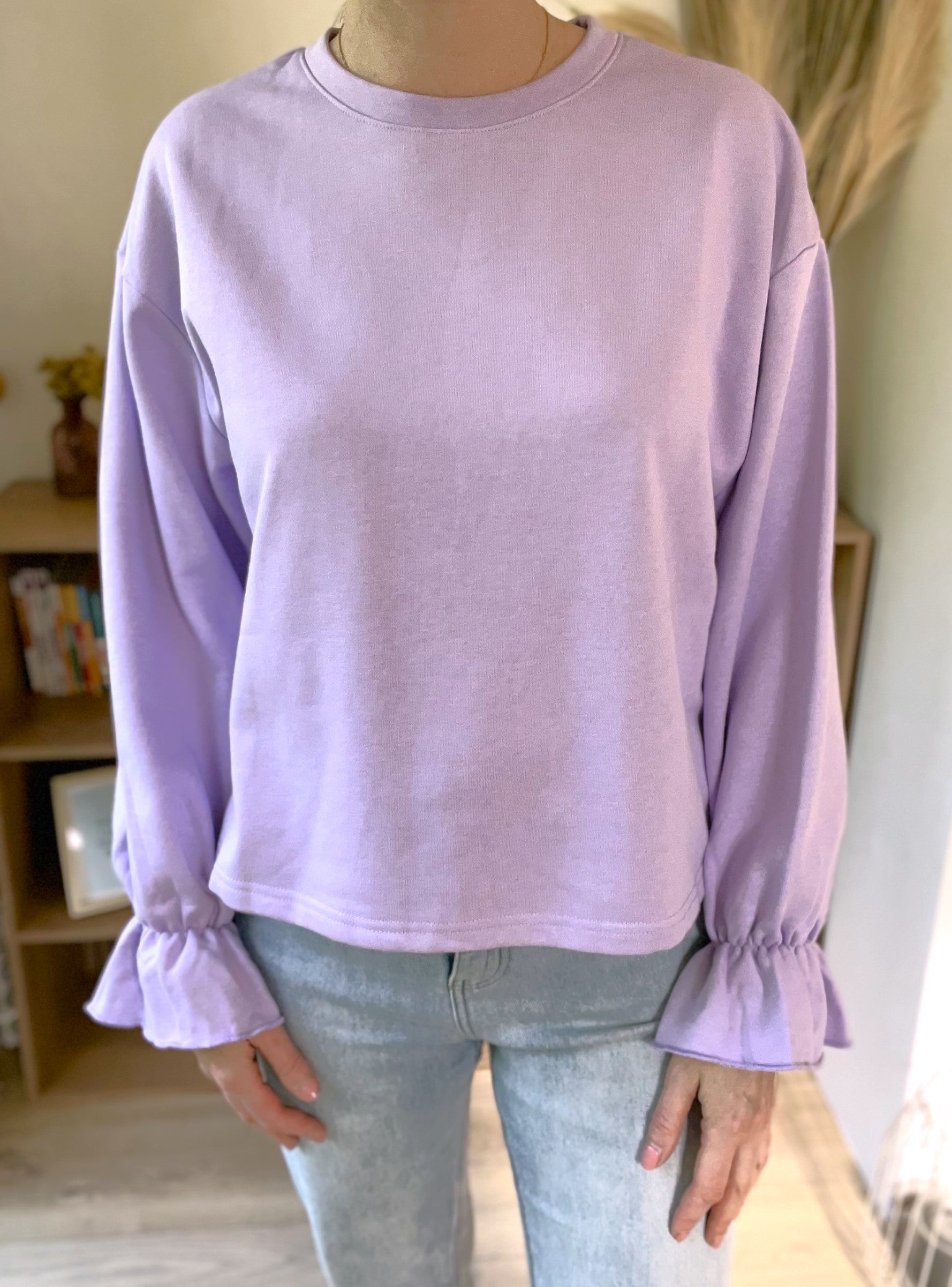 Sweat femme lilas manches longues à poignets volantés Violette – Neuf