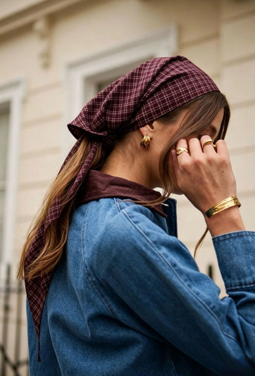 Foulard à carreaux prune et écru – Neuf
