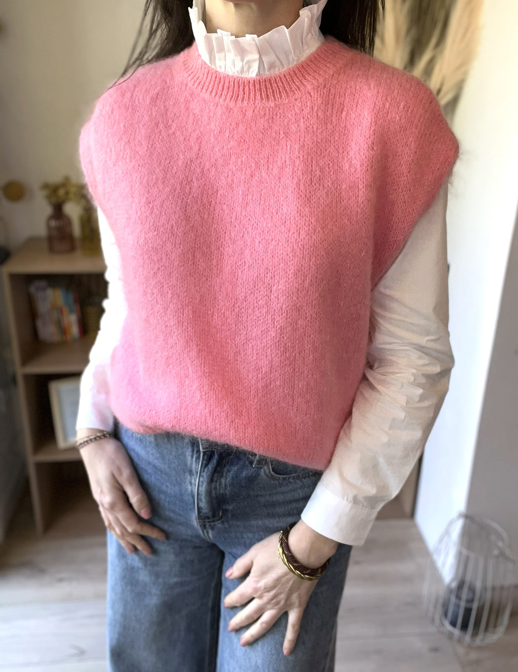 Pull sans manche mohair rose Anne - Neuf